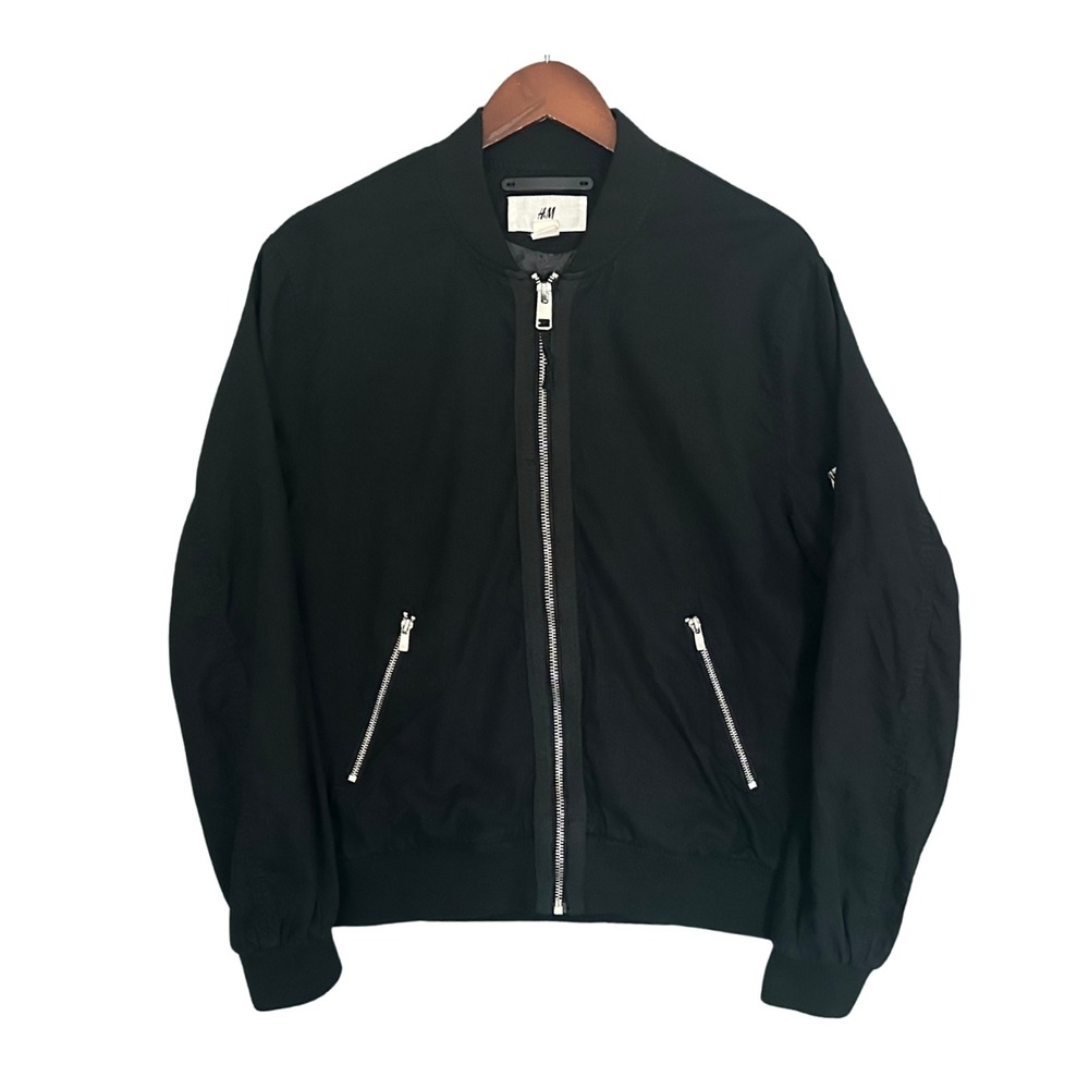 H&M Linen Bomber Jacket Men's L Silver Zip Lightweight Lined Flight Coat